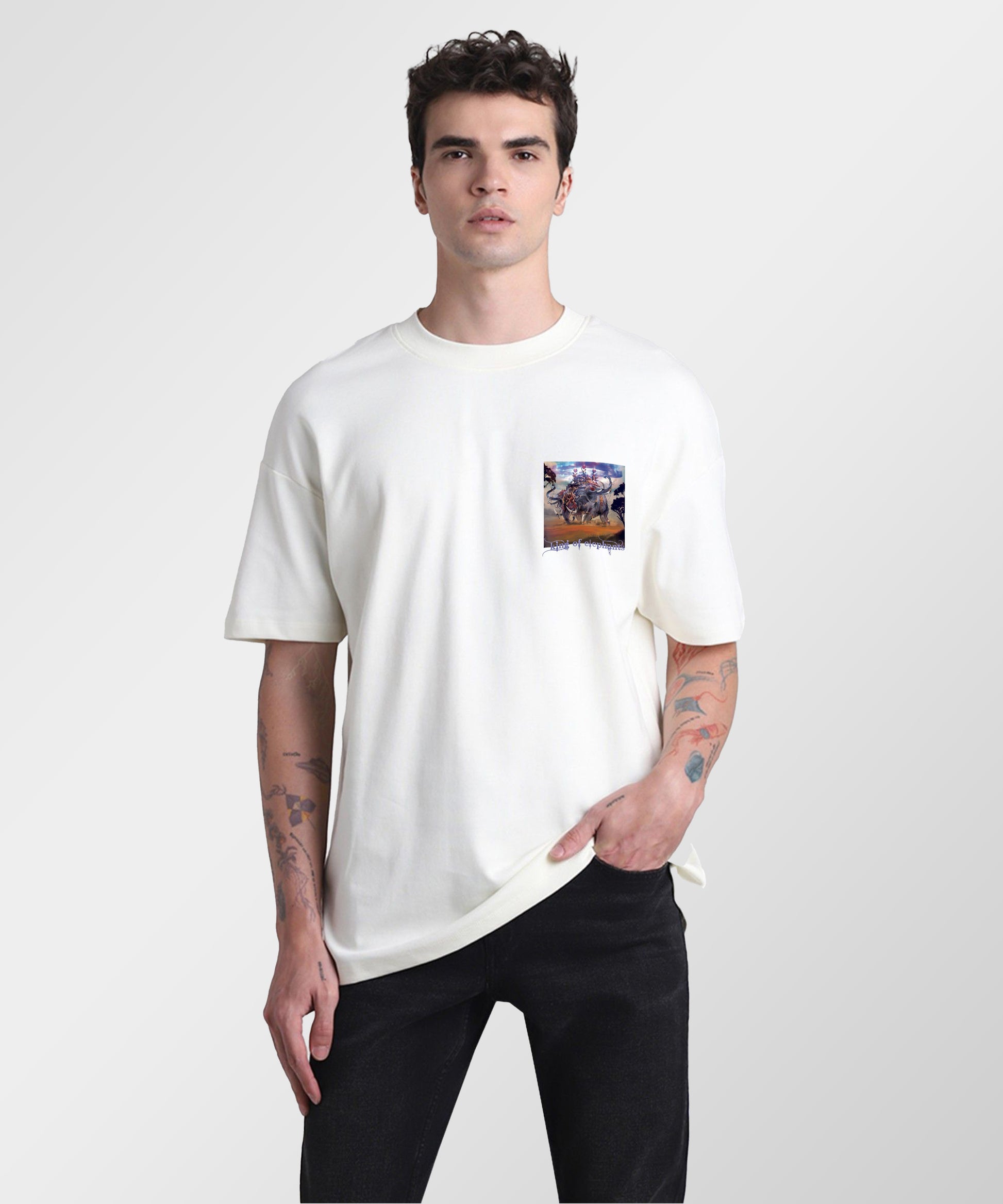 J&JP Men Airavath Tamil Tshirt Oversized -White