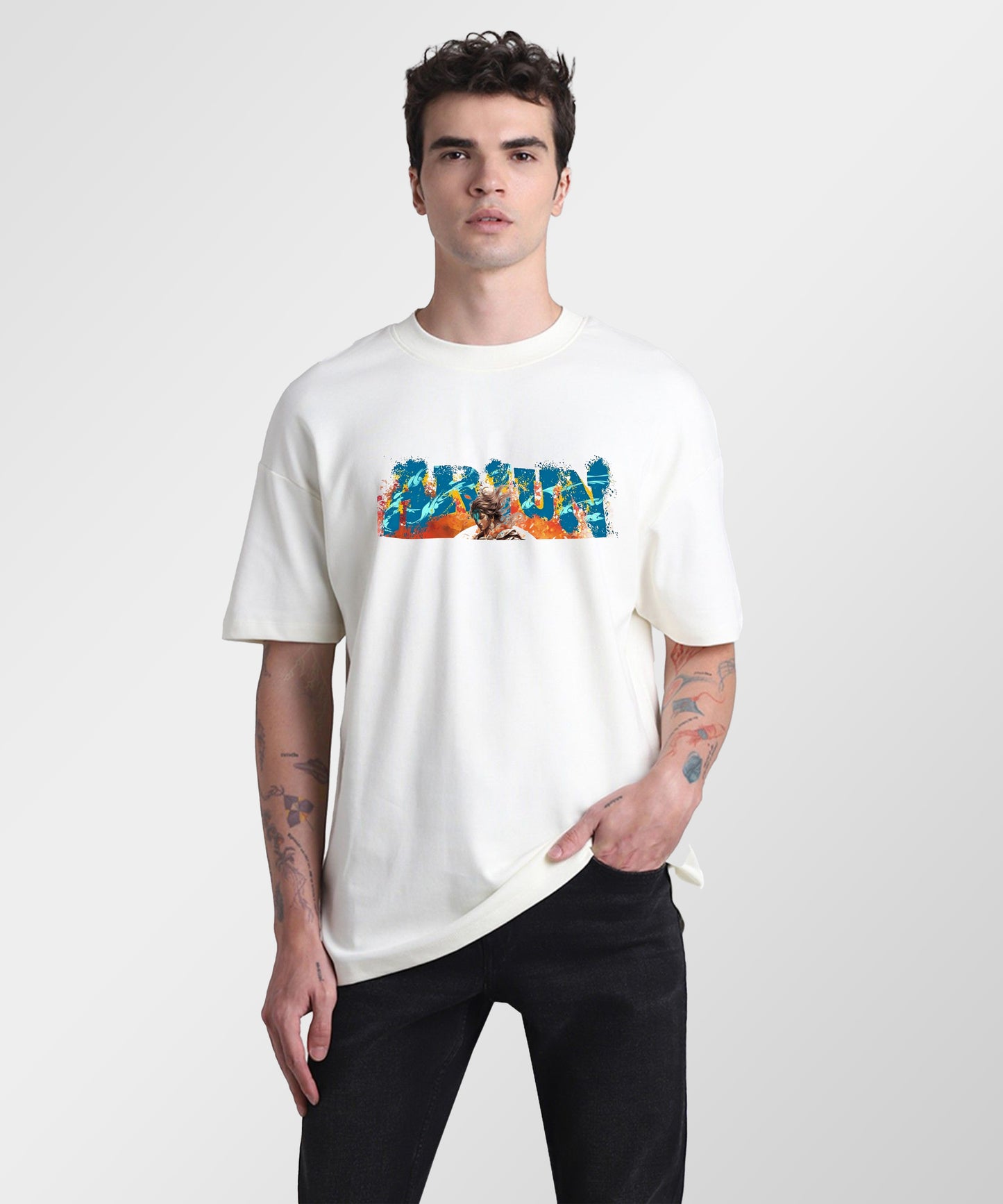 J&JP Men Oversized T-Shirt Arjun Printed- White