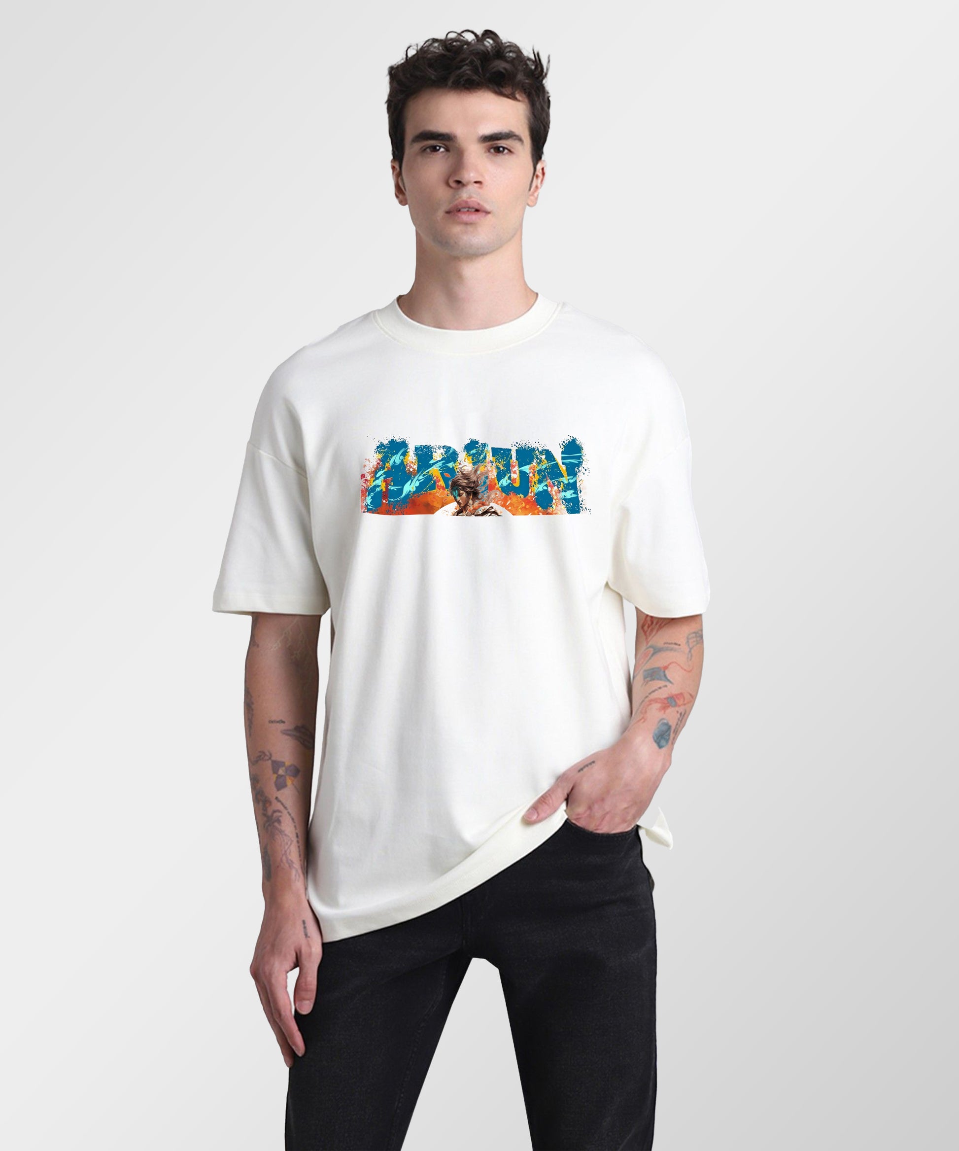J&JP Men Oversized T-Shirt Arjun Printed- White