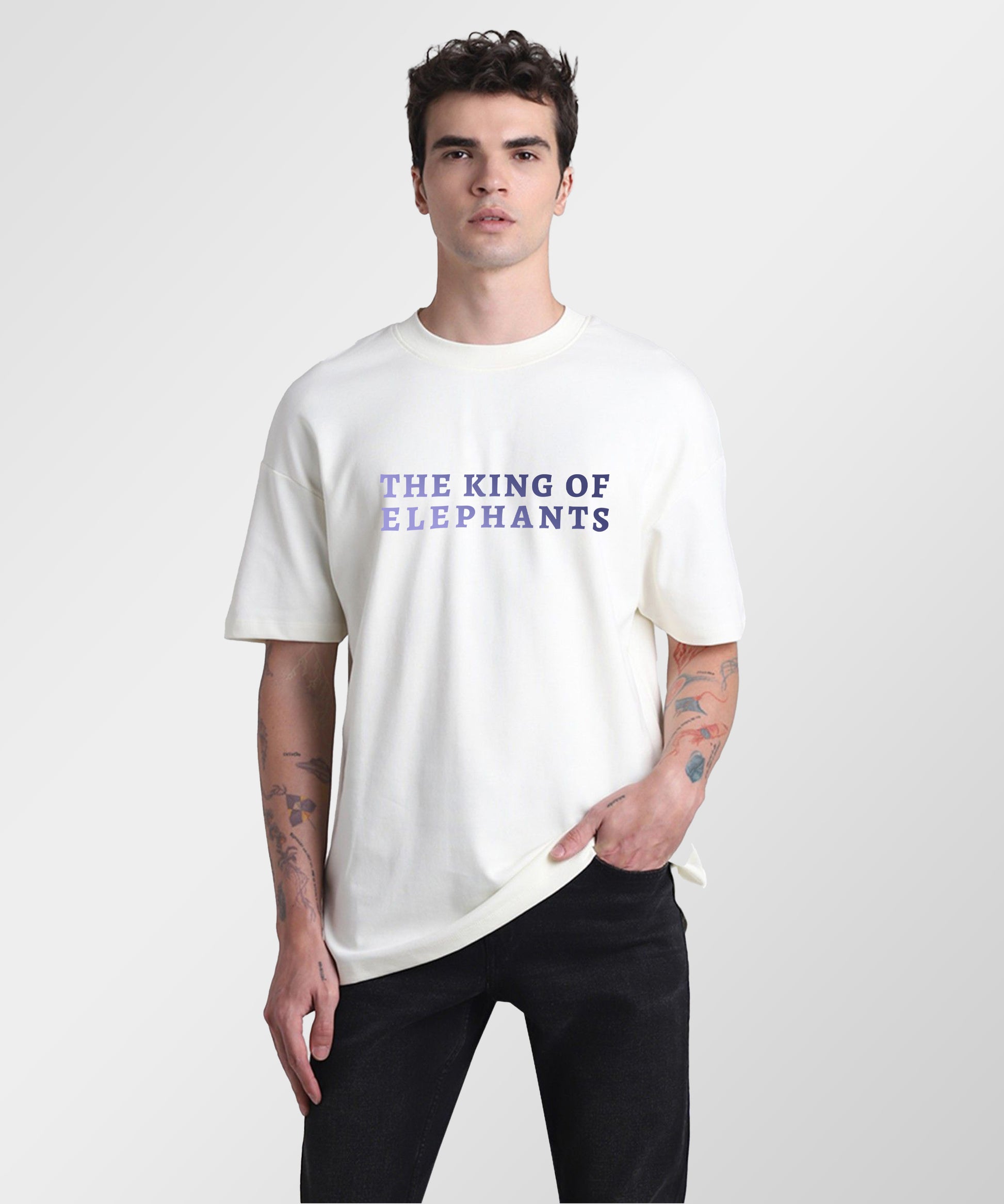 J&JP Men Airavath The King of elephants Tamil Tshirt Oversized - White