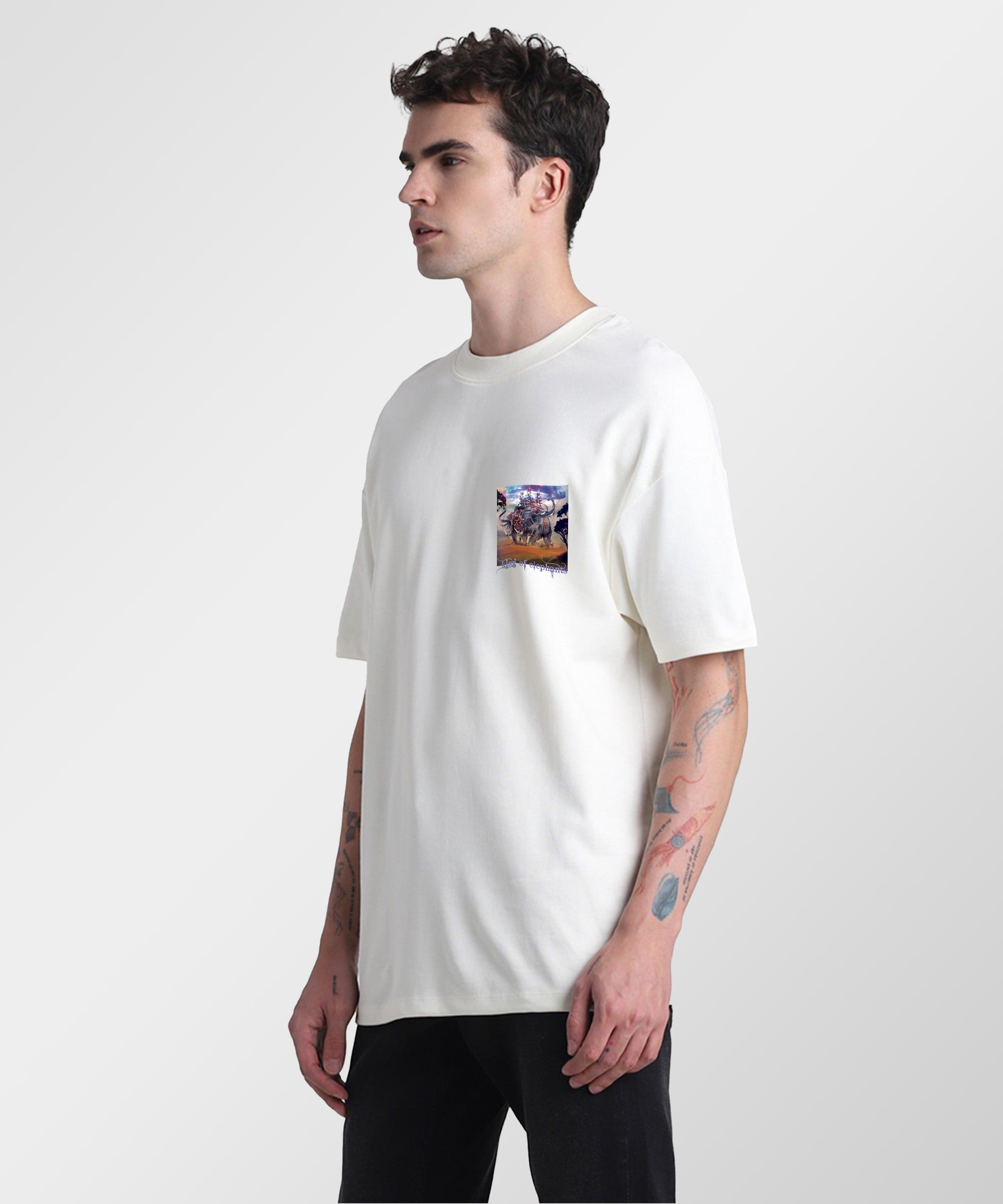 J&JP Men Airavath Tamil Tshirt Oversized -White