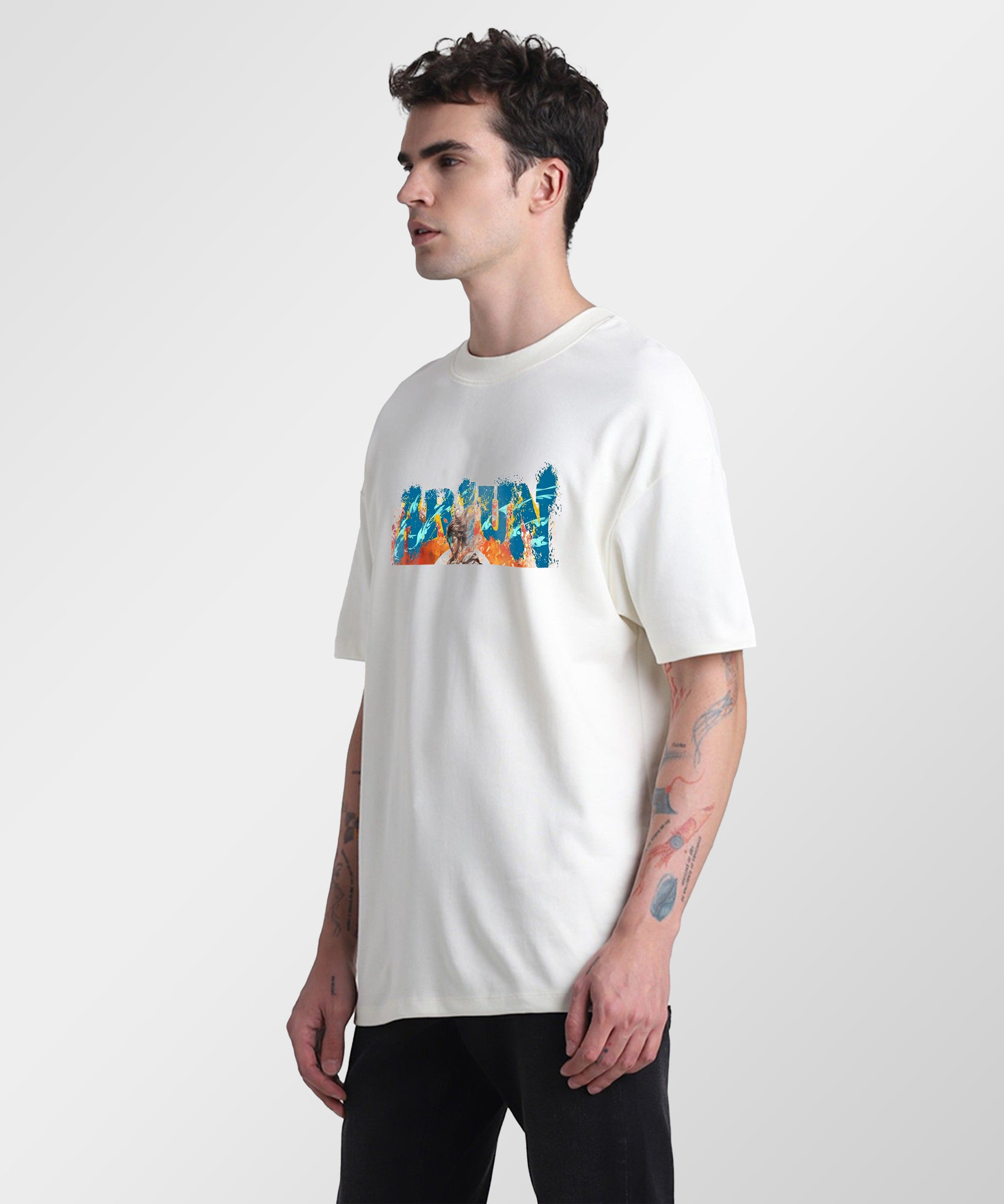J&JP Men Oversized T-Shirt Arjun Printed- White