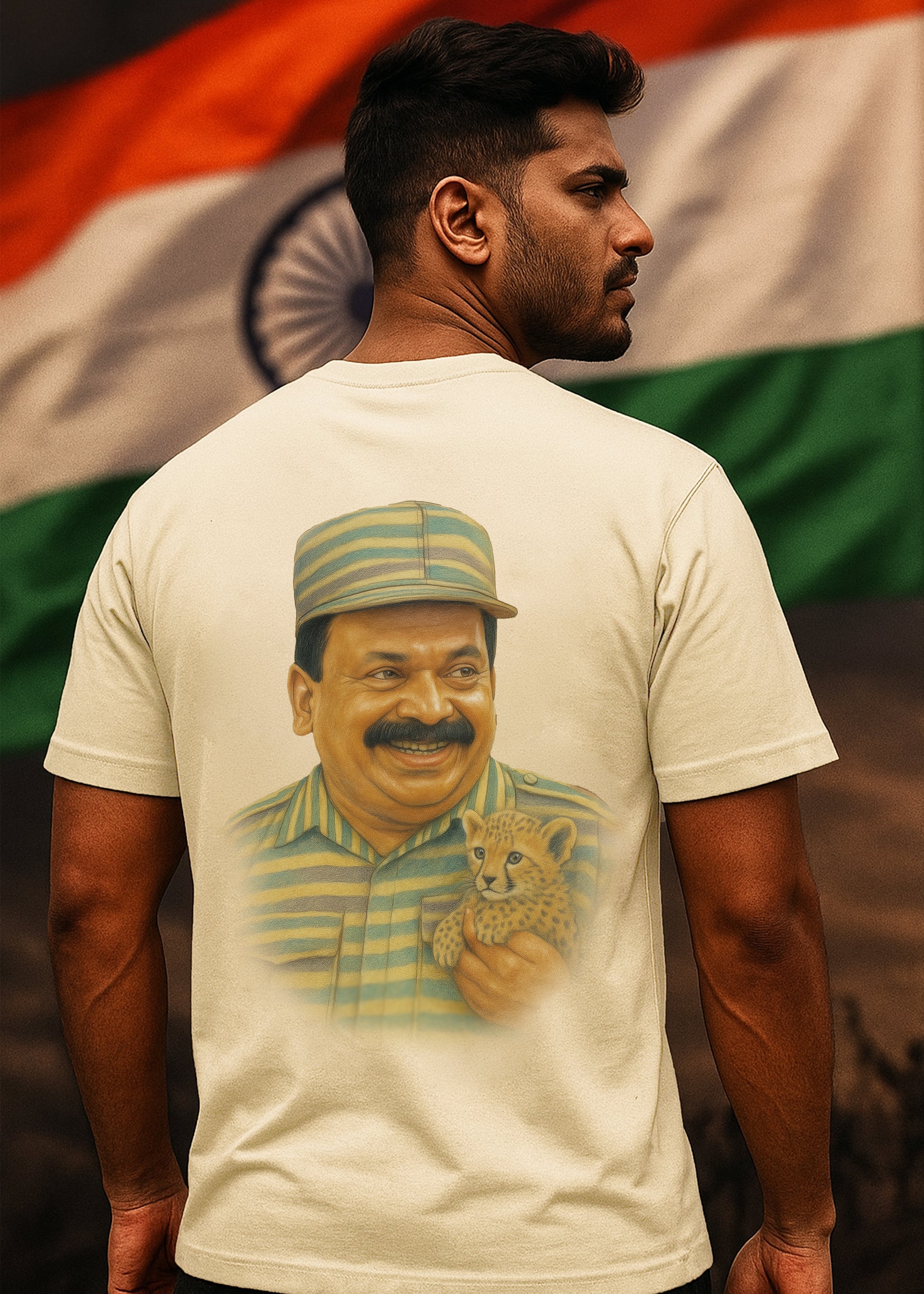 Prabhakaran With Cheetah Back Graphic Printed Regular Fit T-Shirt for Men- Beige