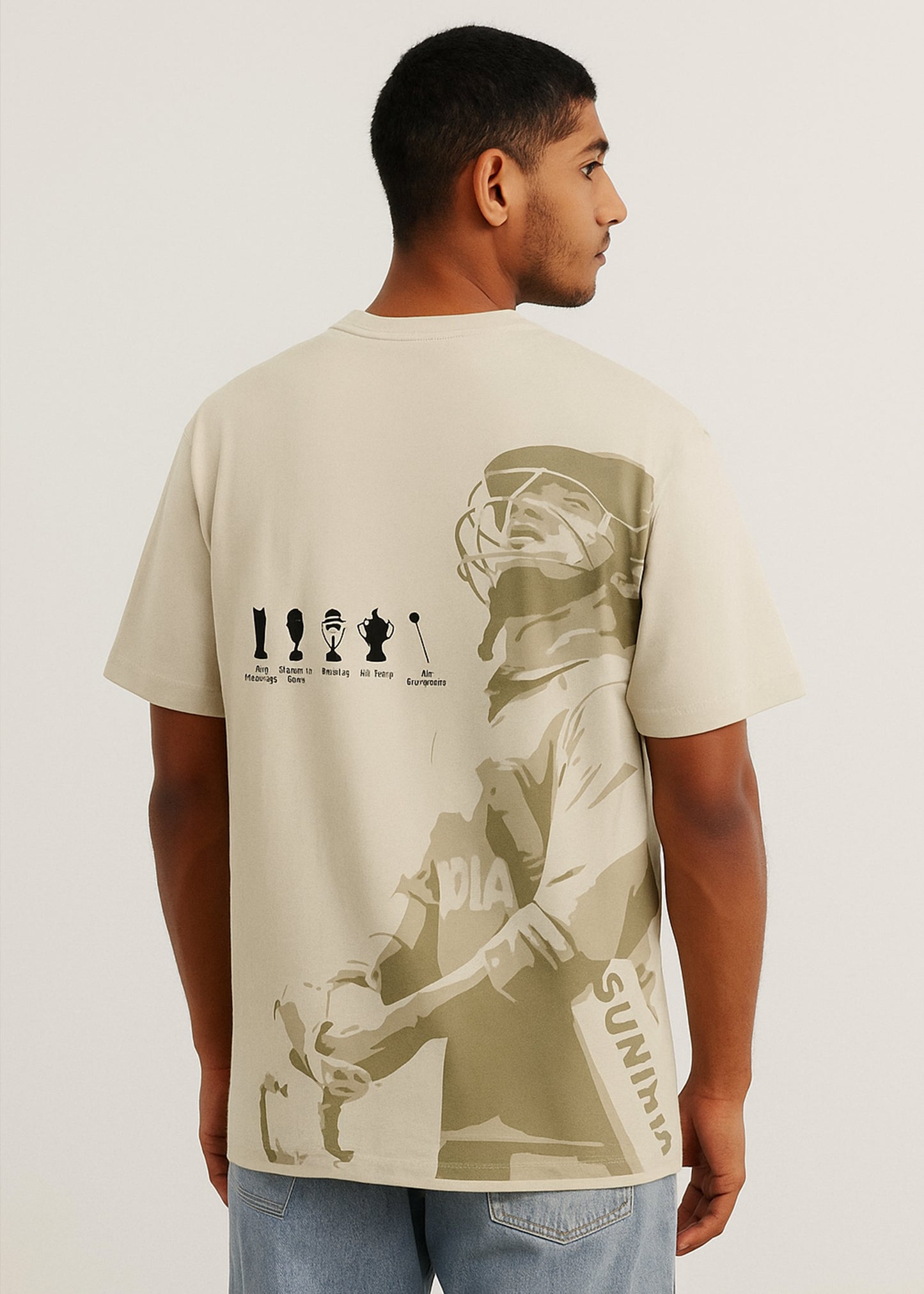 J&JP Men's M.S Dhoni Printed Oversized T-Shirt- Beige