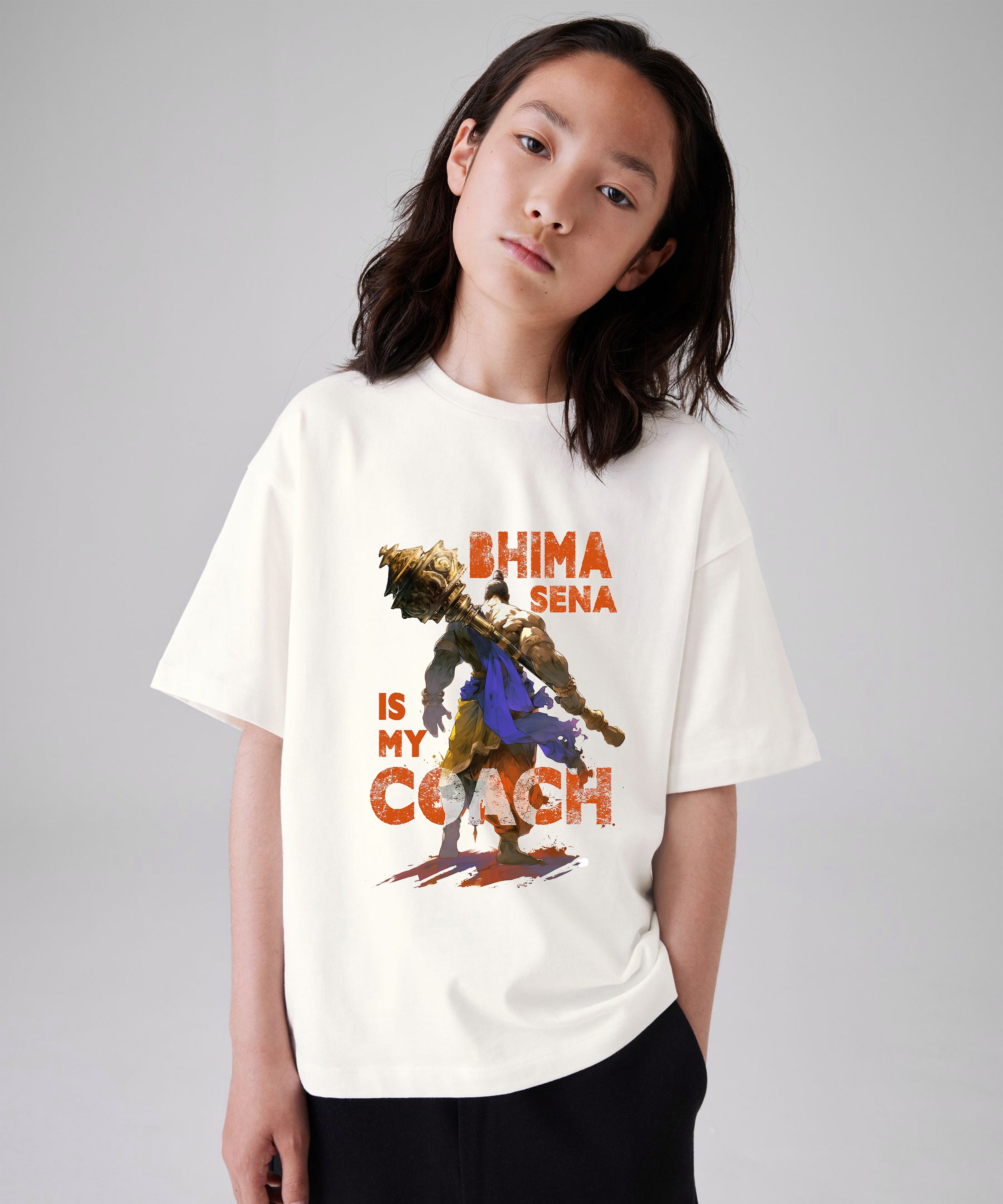 J&JP Bhima Sena Printed Girls Oversized T-Shirt- White J&JP Bhima Sena Printed Girls Oversized T-Shirt- White