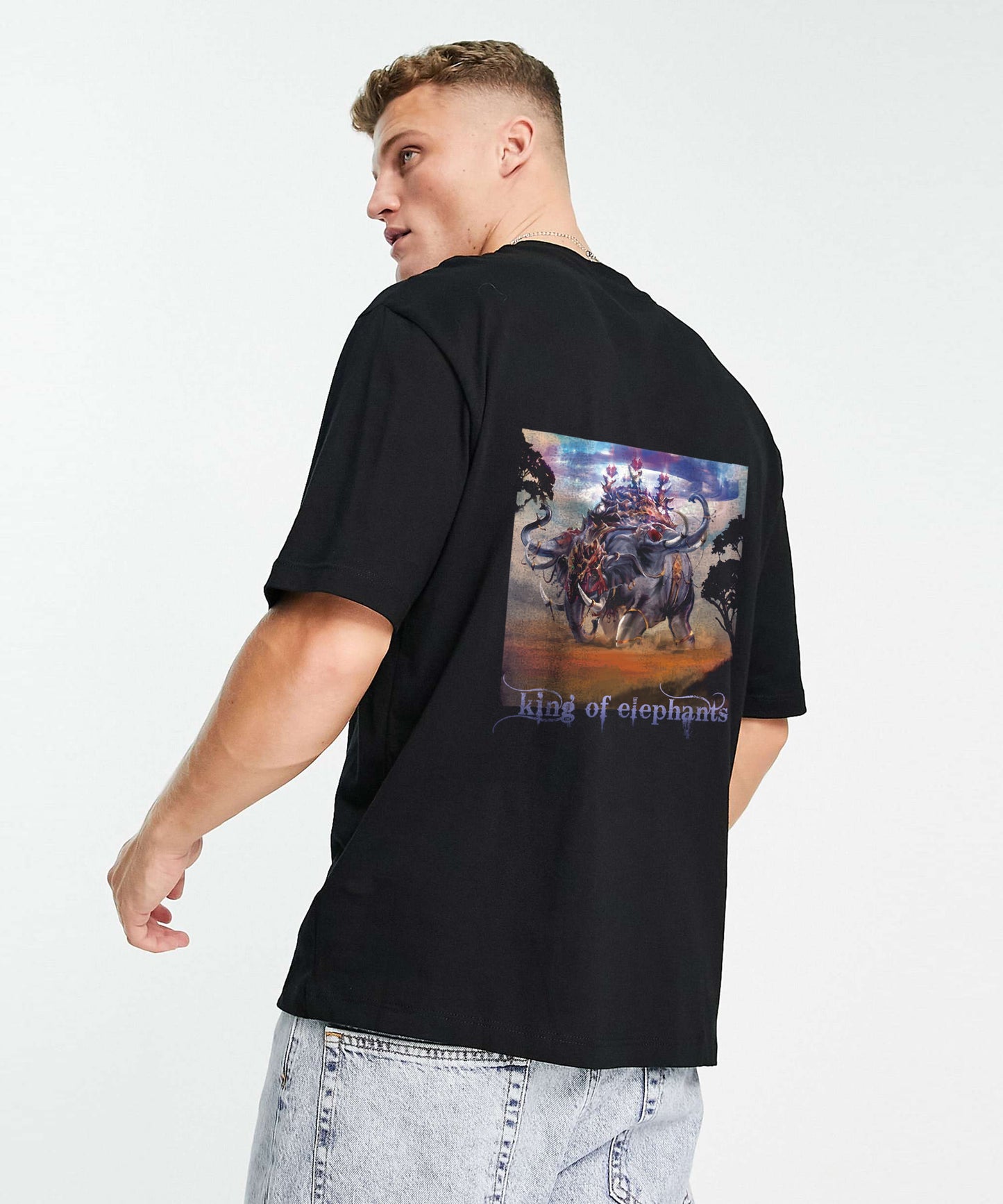 J&JP Men Airavath The King of elephants Tamil Tshirt Oversized - Black