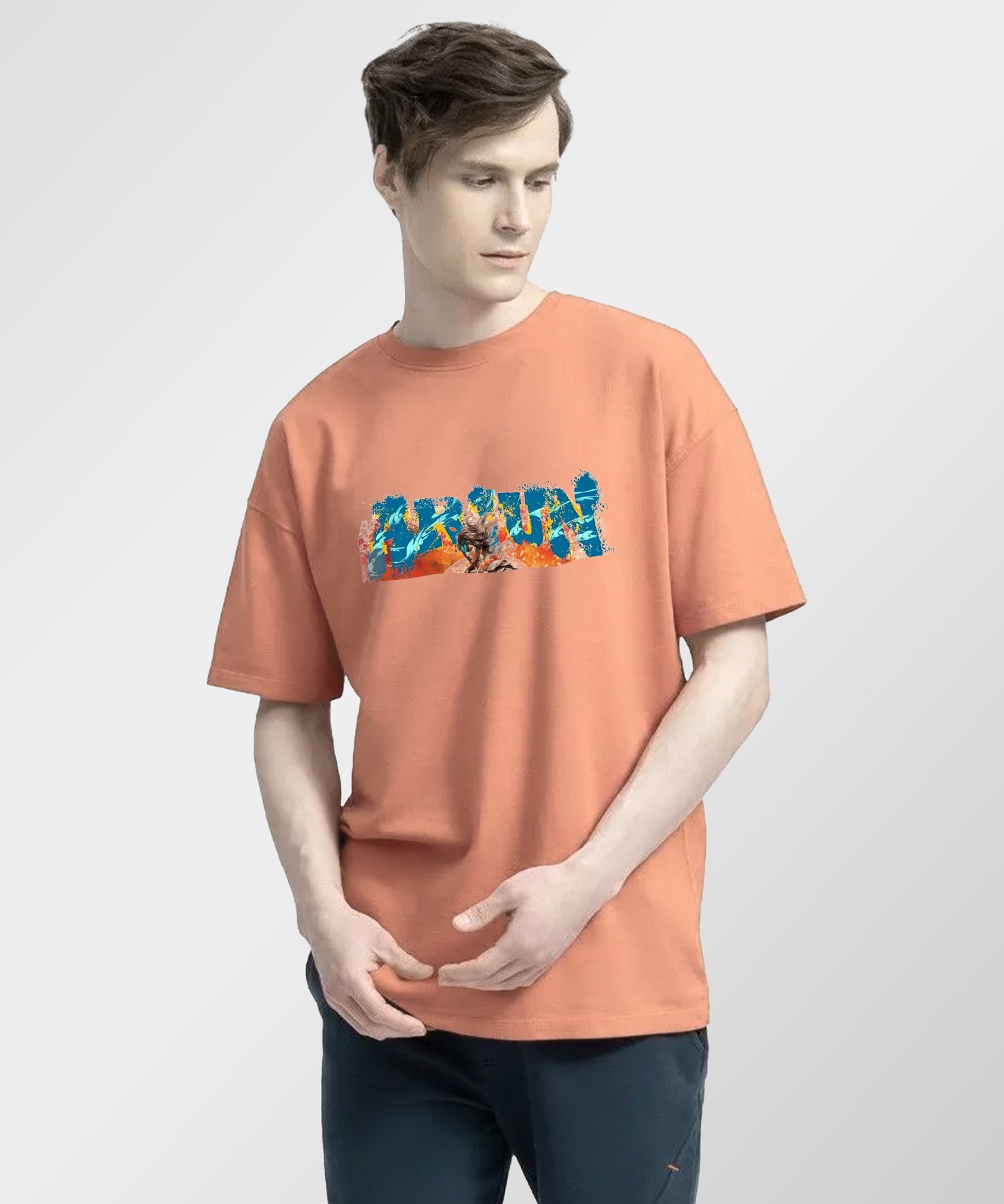 J&JP Men Oversized T-Shirt Arjun Printed- Peach