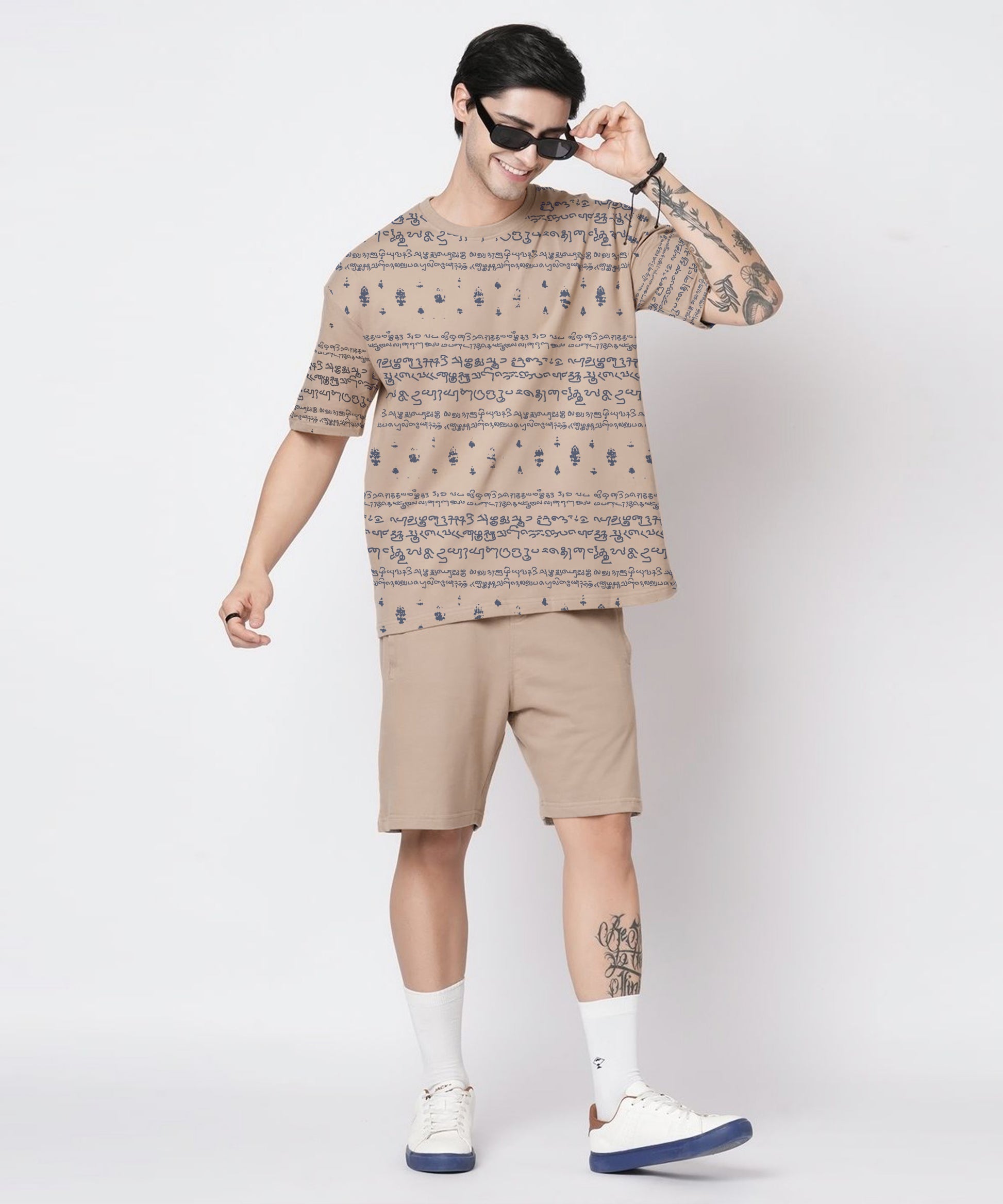 Kalvettu Tamil Themed Oversized T-Shirt Coord Set-Beige Blue