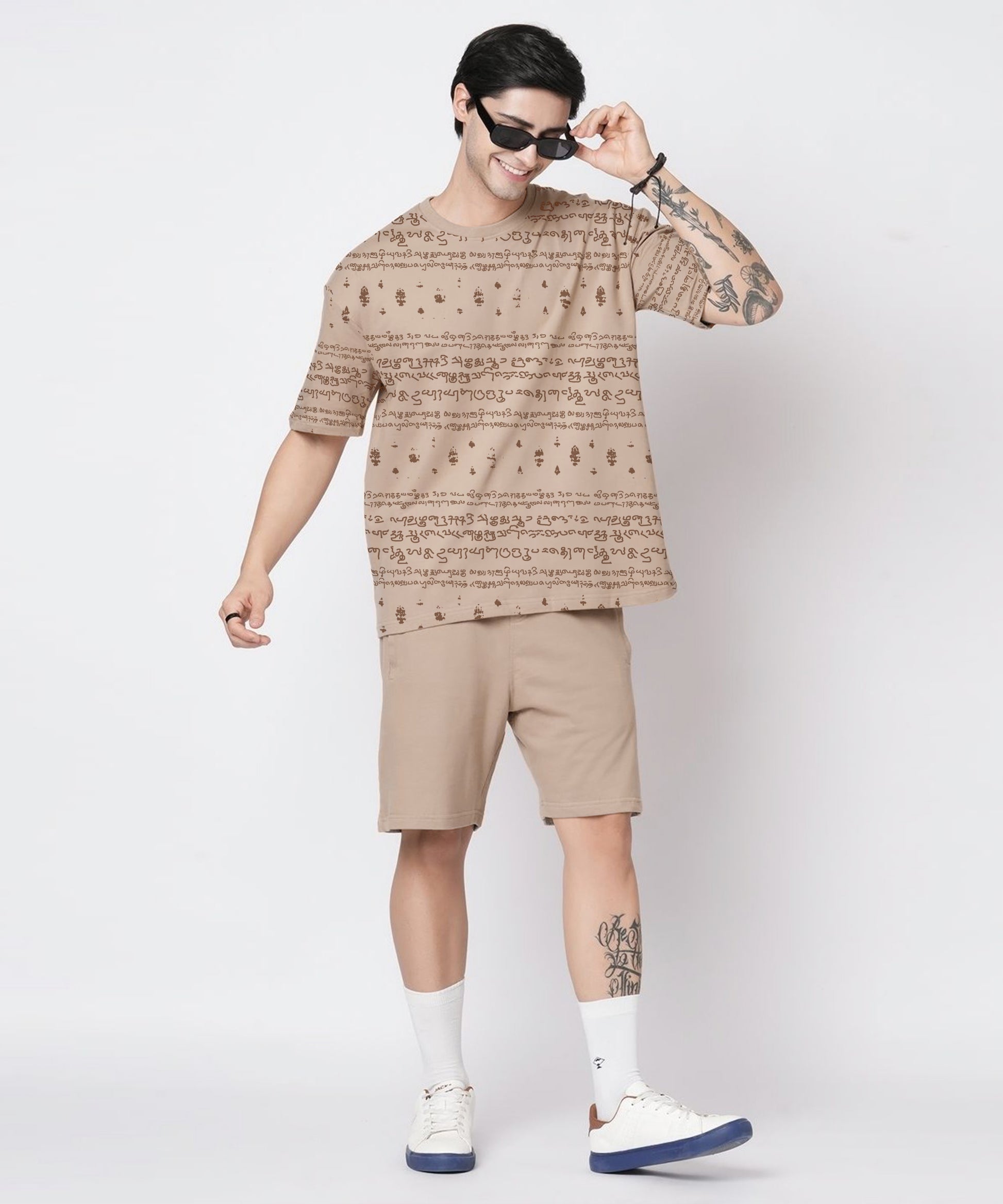 Kalvettu Tamil Themed Oversized T-Shirt Coord Set -Beige Brown