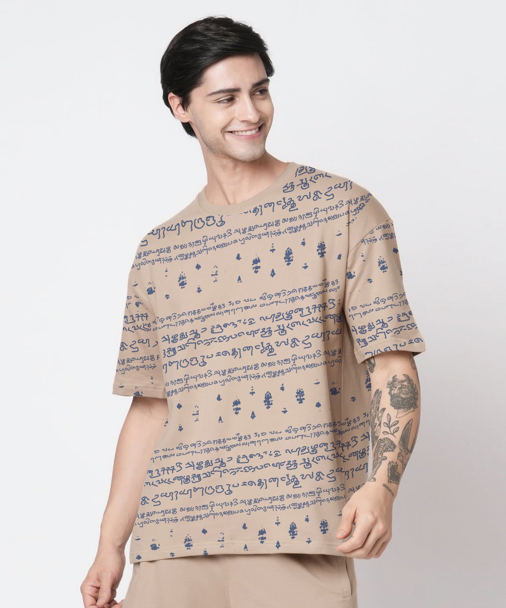 Kalvettu Tamil Themed Oversized T-Shirt Coord Set-Beige Blue