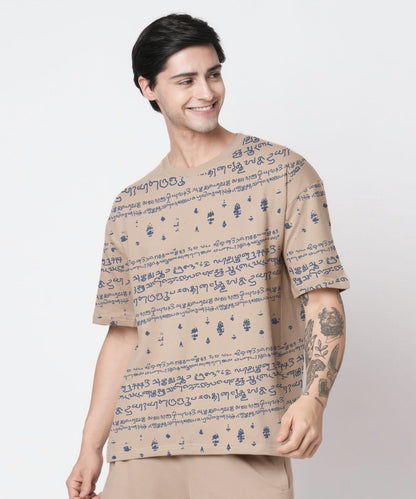 Kalvettu Tamil Themed Oversized T-Shirt Coord Set-Beige Blue