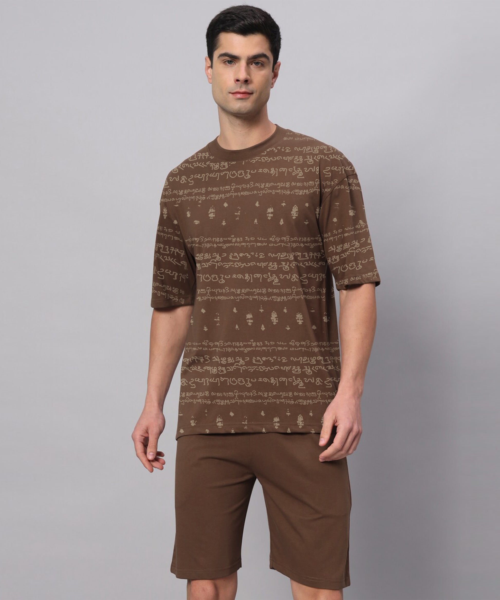 Kalvettu Tamil Themed Oversized T-Shirt Coord Set - Brown