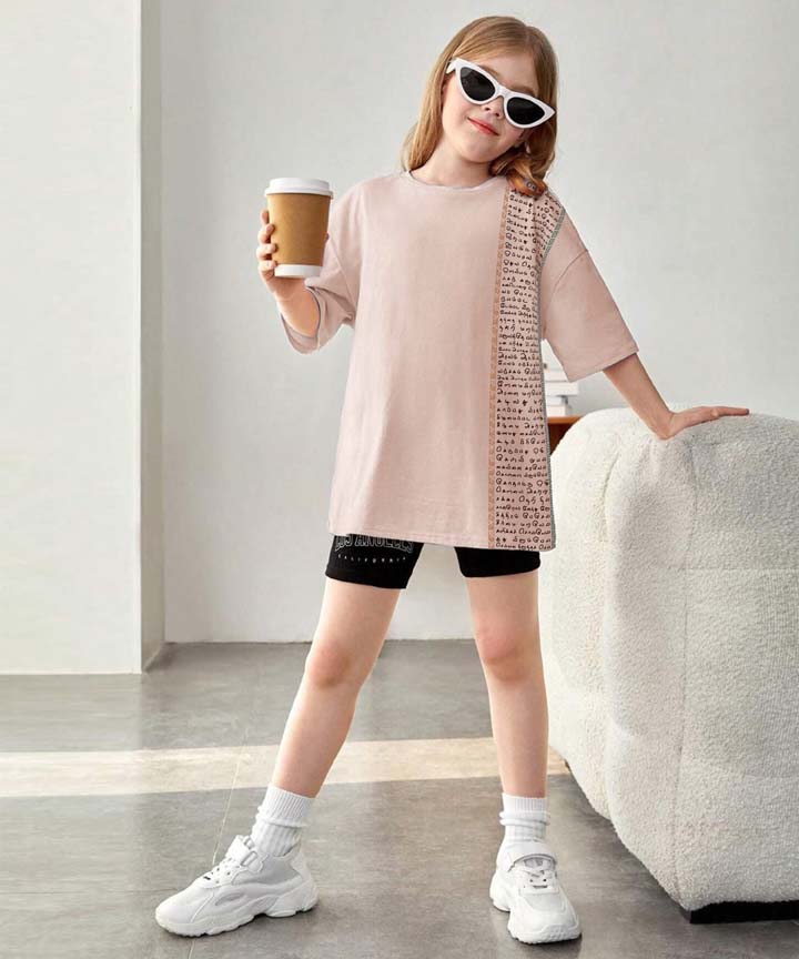 Aathichudi Tamil T-Shirt forGirls Oversized- Beige