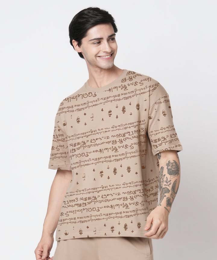 Kalvettu Tamil T-Shirt and shorts Oversized Coord Set-Beige Brown