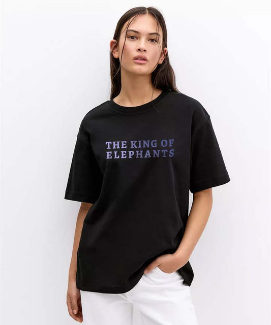 J&JP Women Airavath The King Of Elephants Oversized T-Shirt -Black