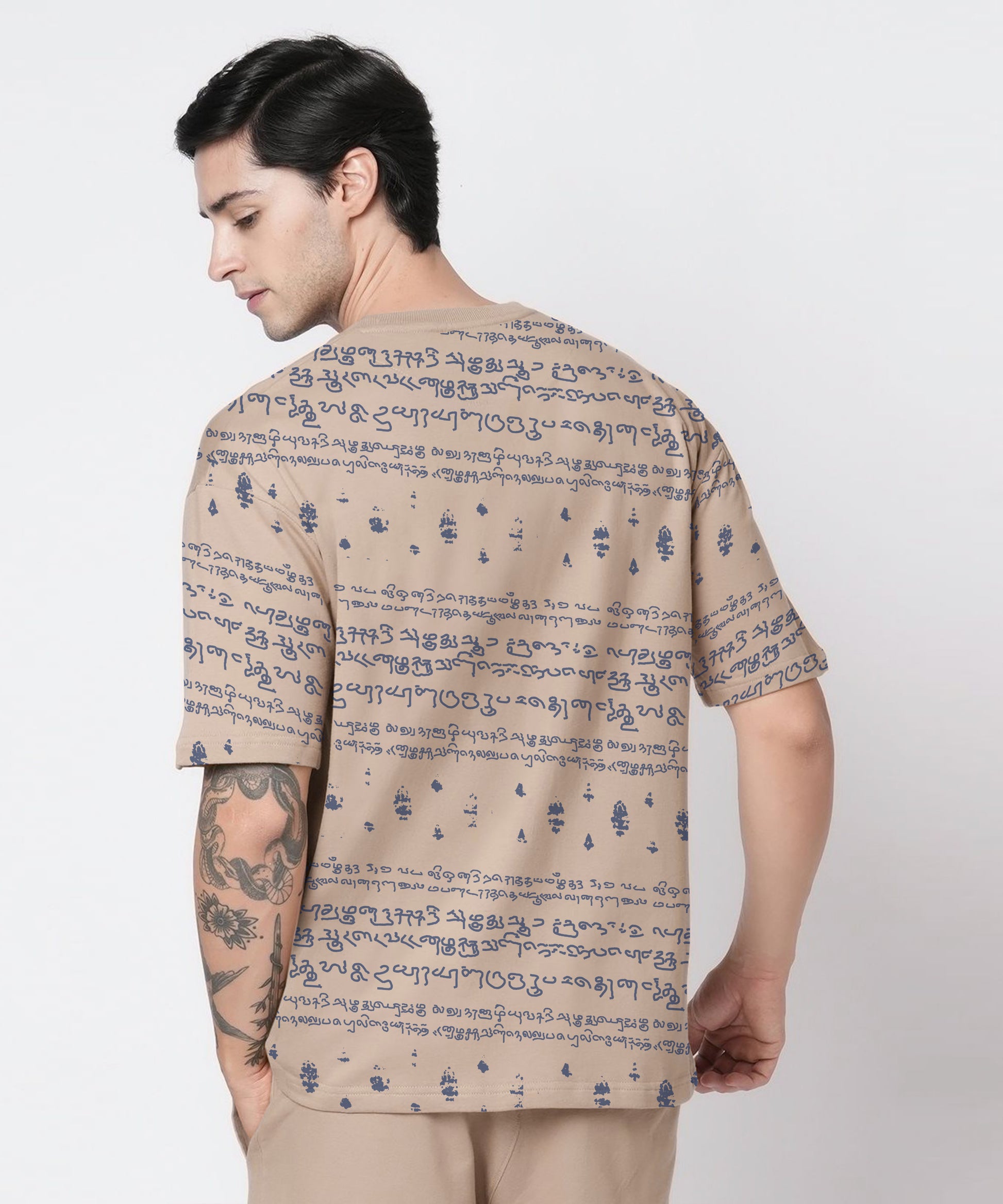 Kalvettu Tamil Themed Oversized T-Shirt Coord Set-Beige Blue
