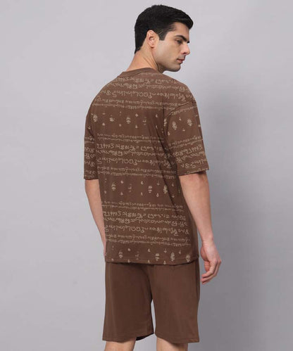 Kalvettu Tamil T-Shirt and shorts Oversized Coord Set- Brown