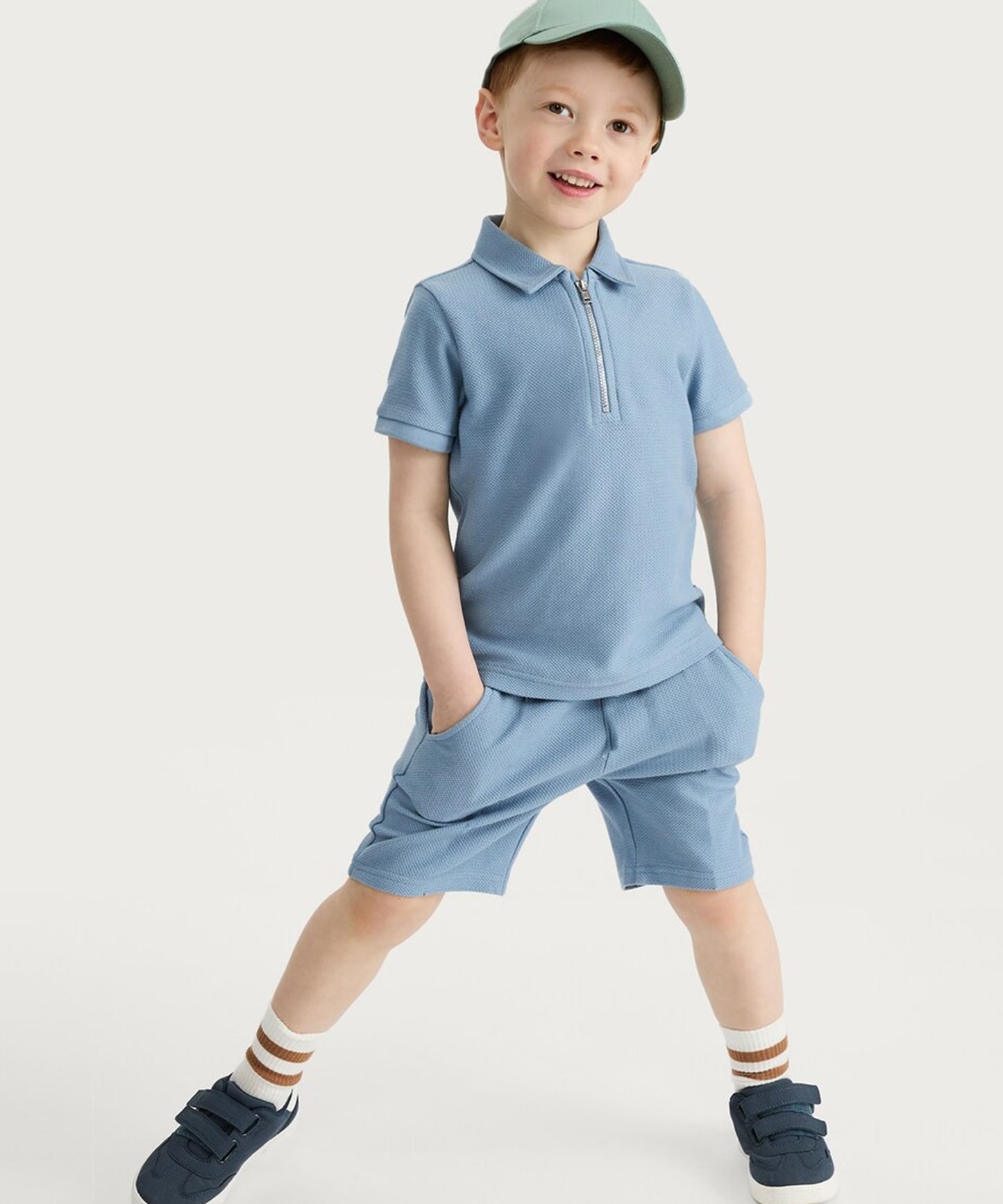 J&JP Boys Solid Polo Blue T-Shirt and Shorts Set