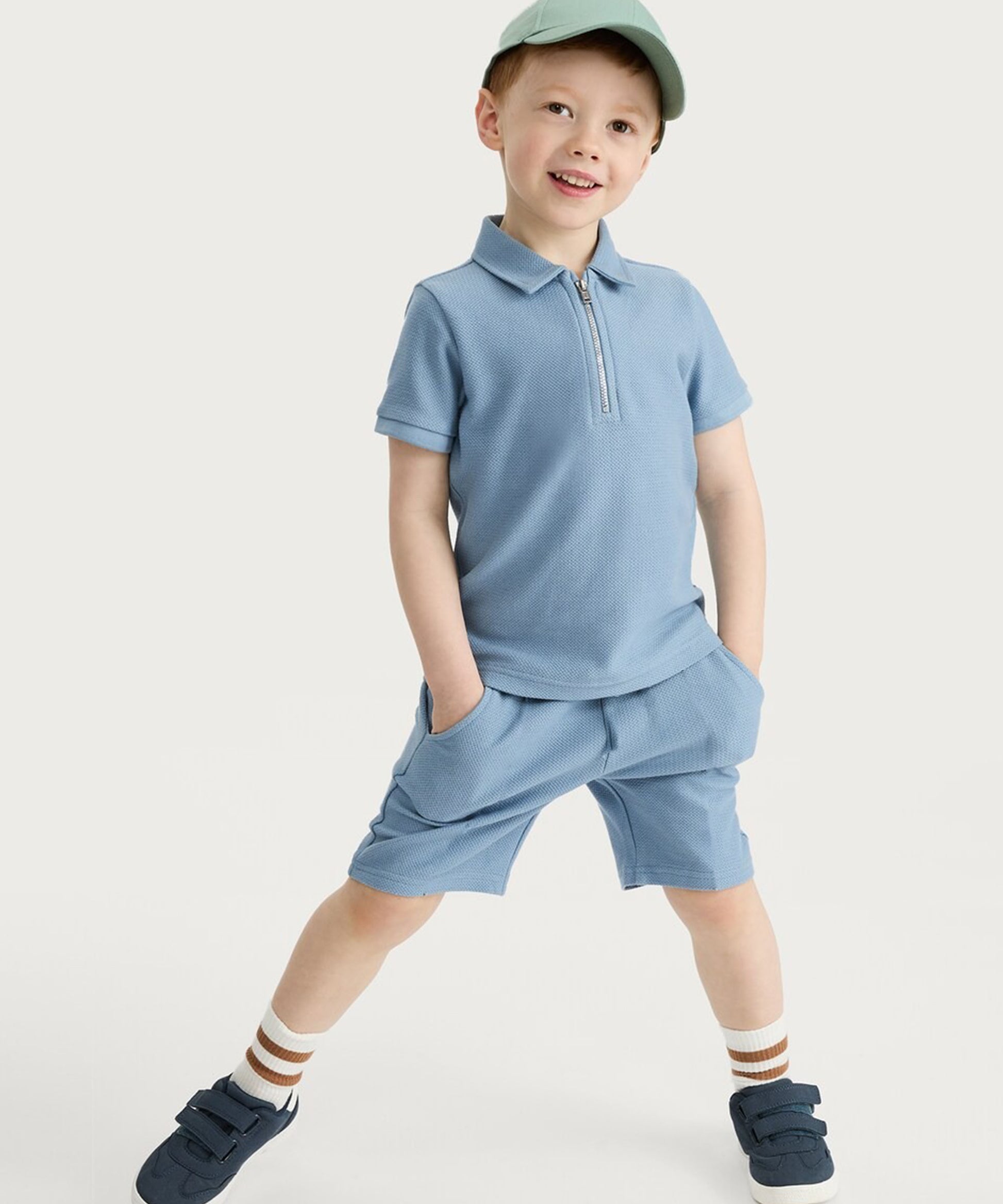 J&JP Boys Solid Polo Blue T-Shirt and Shorts Set