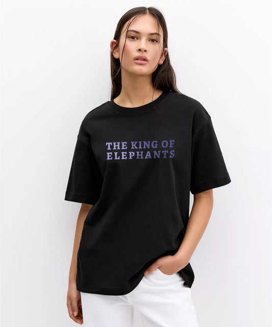 J&JP Women Airavath The King Of Elephants Oversized T-Shirt -Black