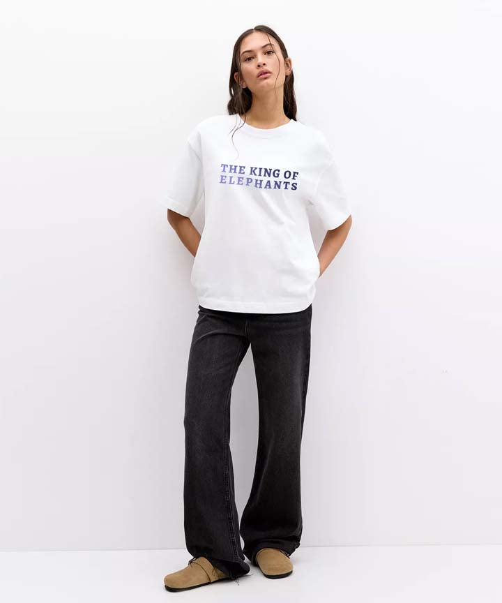 J&JP Women Airavath The King Of Elephants Oversized T-Shirt -White