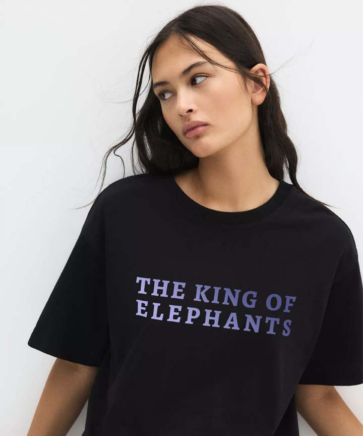 J&JP Women Airavath The King Of Elephants Oversized T-Shirt -Black