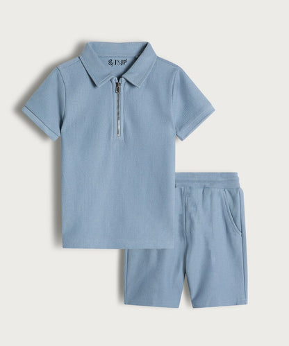 J&JP Boys Solid Polo Blue T-Shirt and Shorts Set