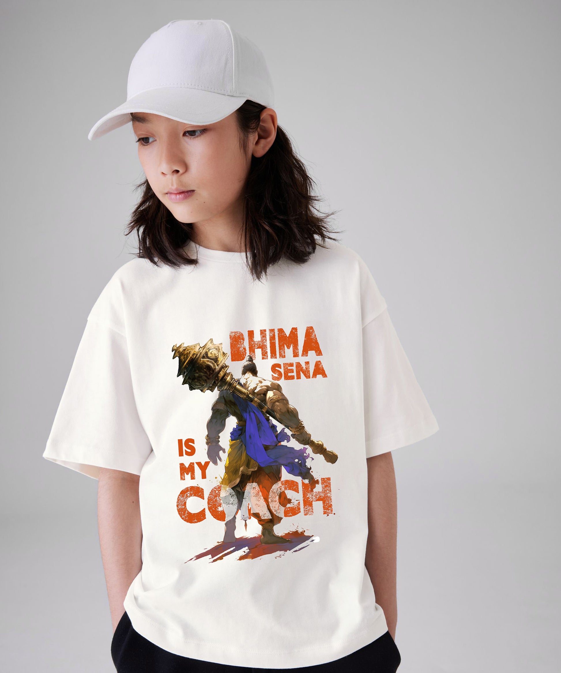 J&JP Bhima Sena Printed Girls Oversized T-Shirt- White