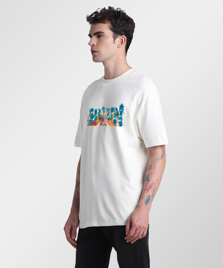 J&JP Men Oversized T-Shirt Arjun Printed- White