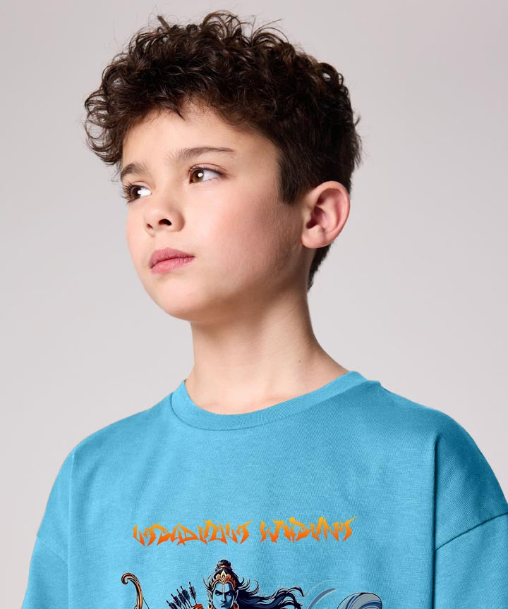 J&JP Krishna Printed Boys Oversized T-Shirt- Blue