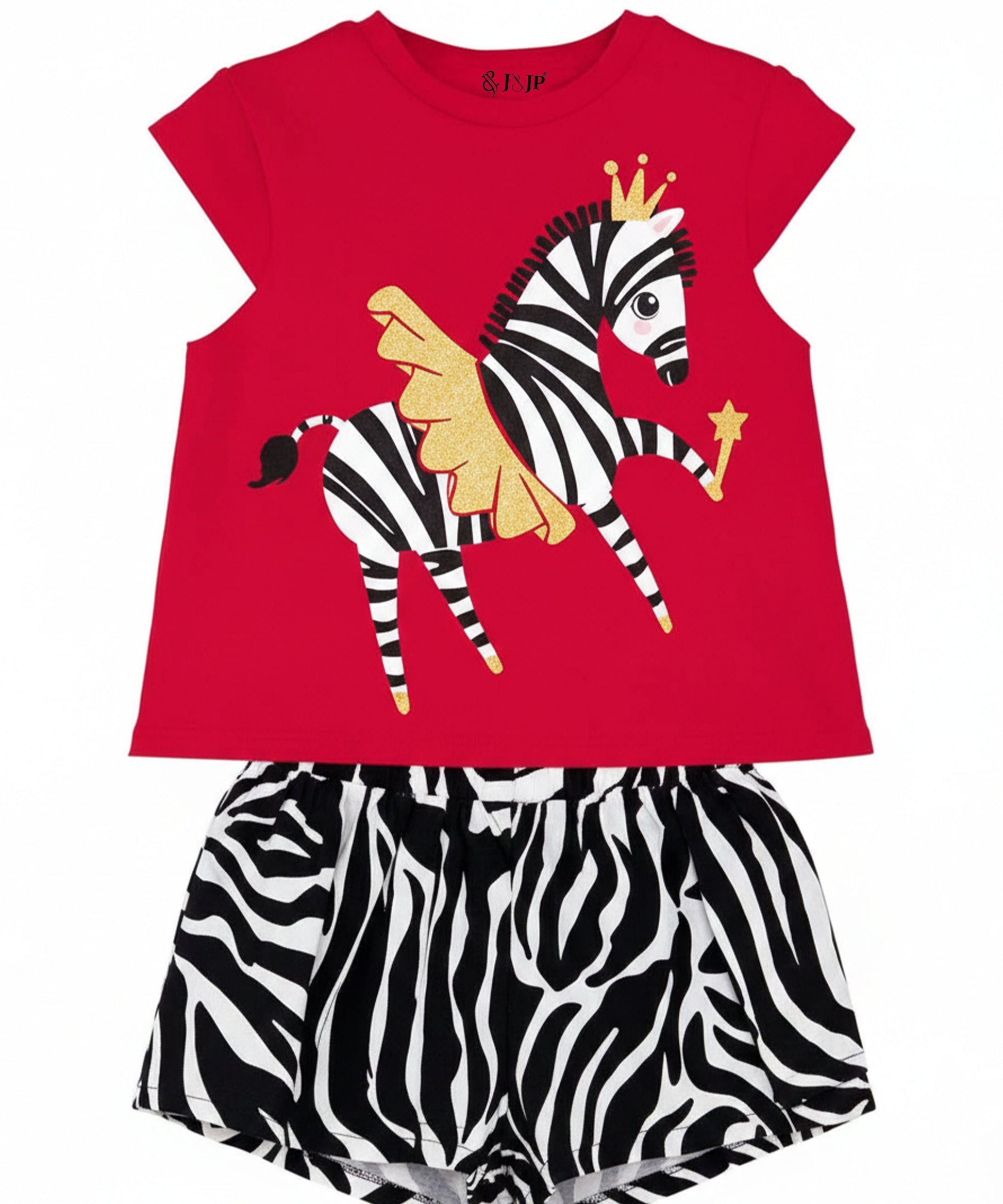 J&JP Girls Zebra Princess Graphic T-Shirt and Shorts Set