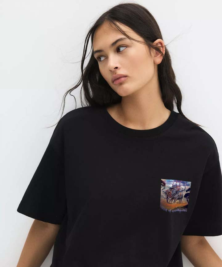 J&JP Women Airavath Printed Oversized T-Shirt -Black