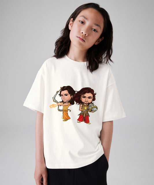 J&JP Mahabharat Cartoon Printed Girls Oversized T-Shirt- White