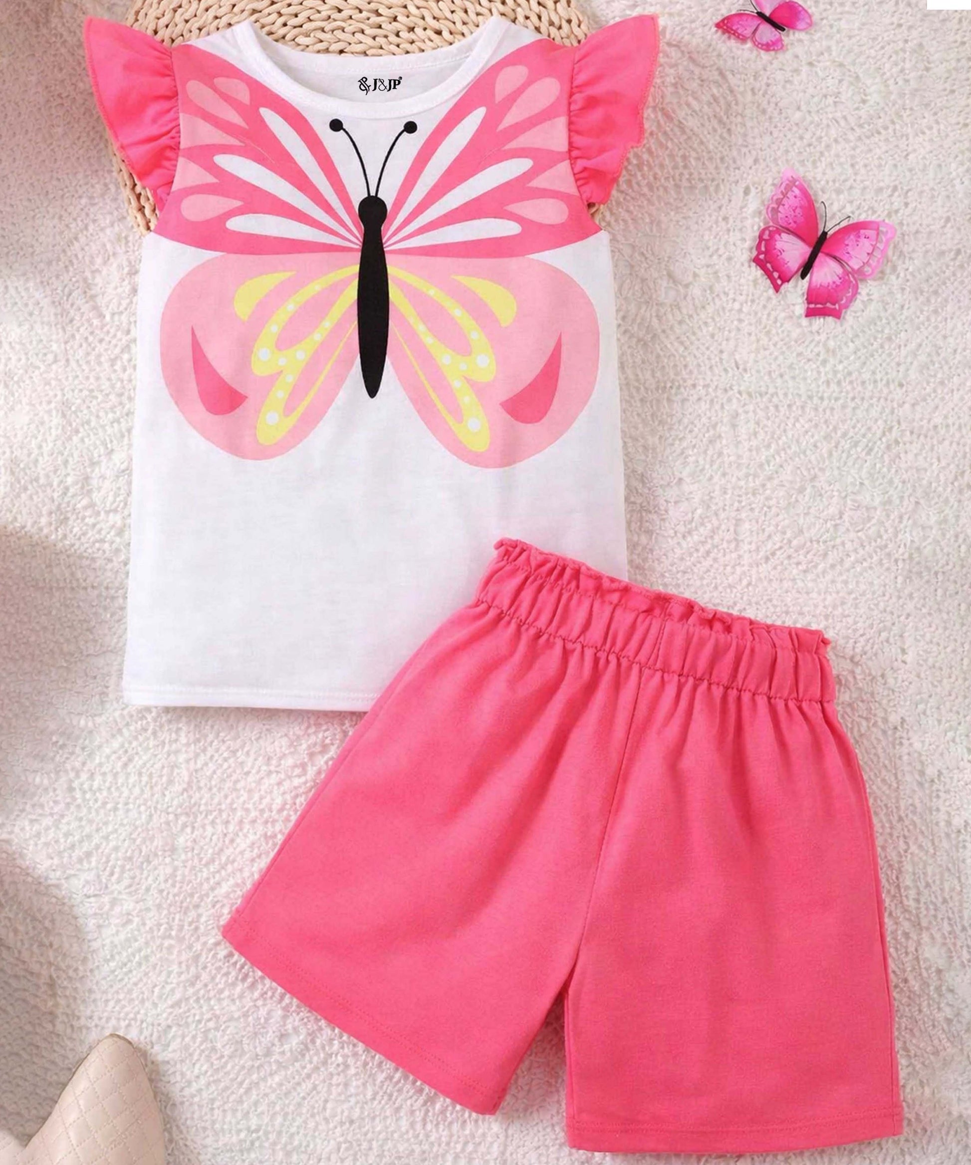 J&JP Girls Butterfly Graphic Printed T-Shirt and Shorts Set