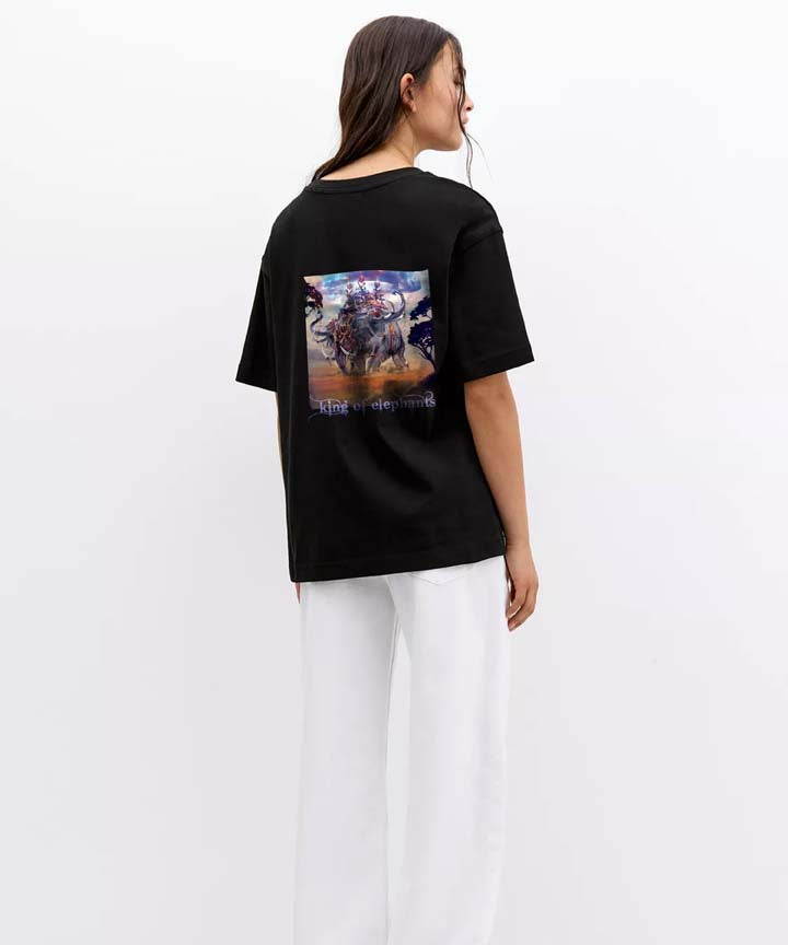 J&JP Women Airavath Printed Oversized T-Shirt -Black