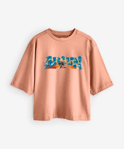 J&JP Women Oversized T-Shirt Arjunan Printed - Peach