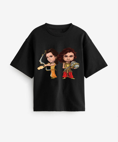 J&JP Mahabharat Cartoon Printed Boys Oversized T-Shirt- Black