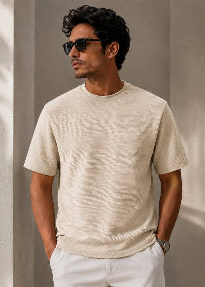 J&JP Luxury Light Beige Soid Crew Neck Mens T-Shirt