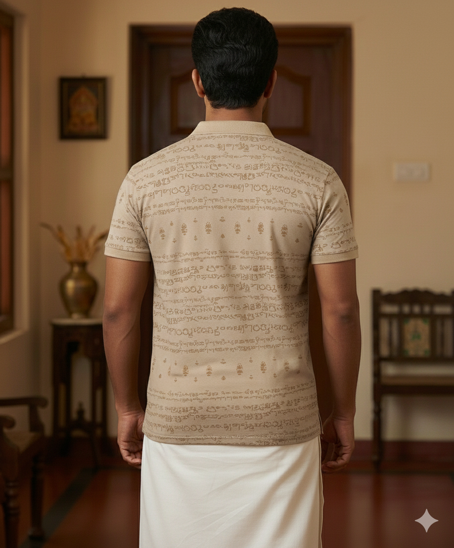 Kalvettu Themed Tamil Polo T-Shirt – Beige With Beige Print