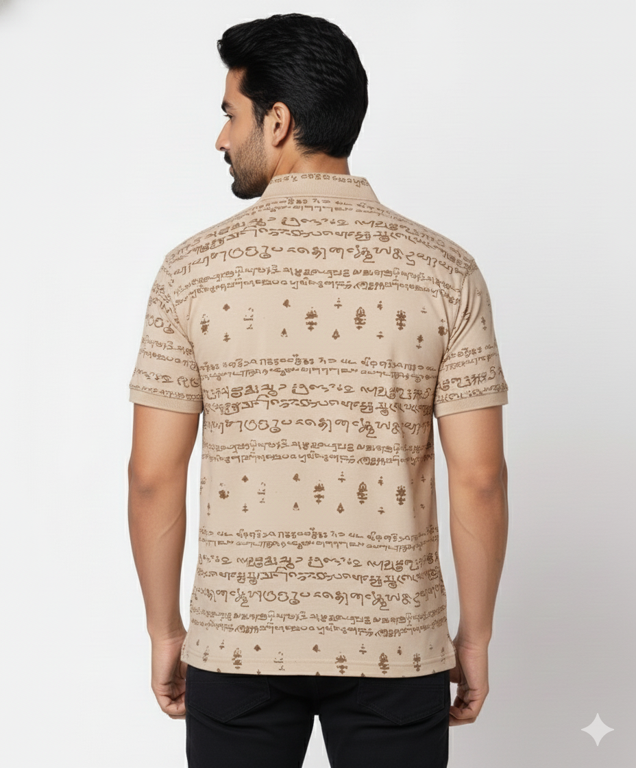 Kalvettu Themed Tamil Polo T-Shirt – Beige With Brown Print