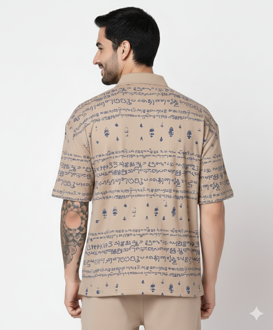 Kalvettu Themed Tamil Polo T-Shirt – Beige With Blue Print