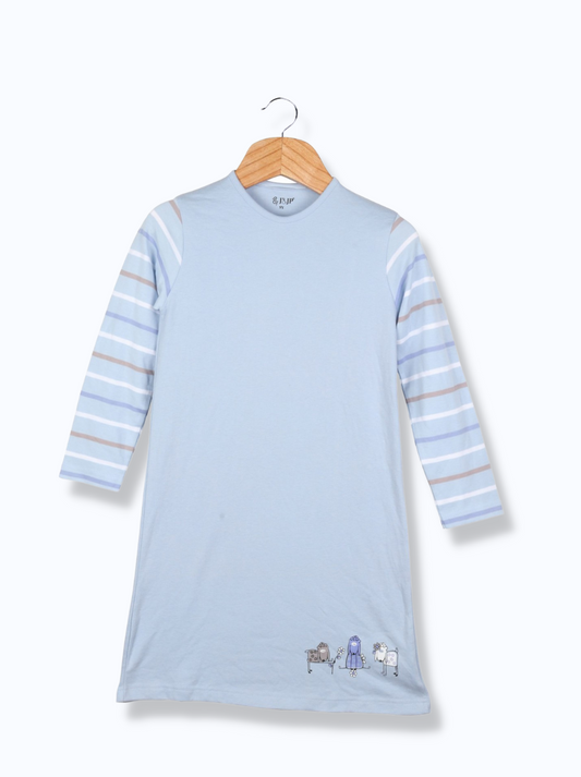 Kids Blue Full sleeve Horizontal Stripes, Solid Cotton Elasthane Dress
