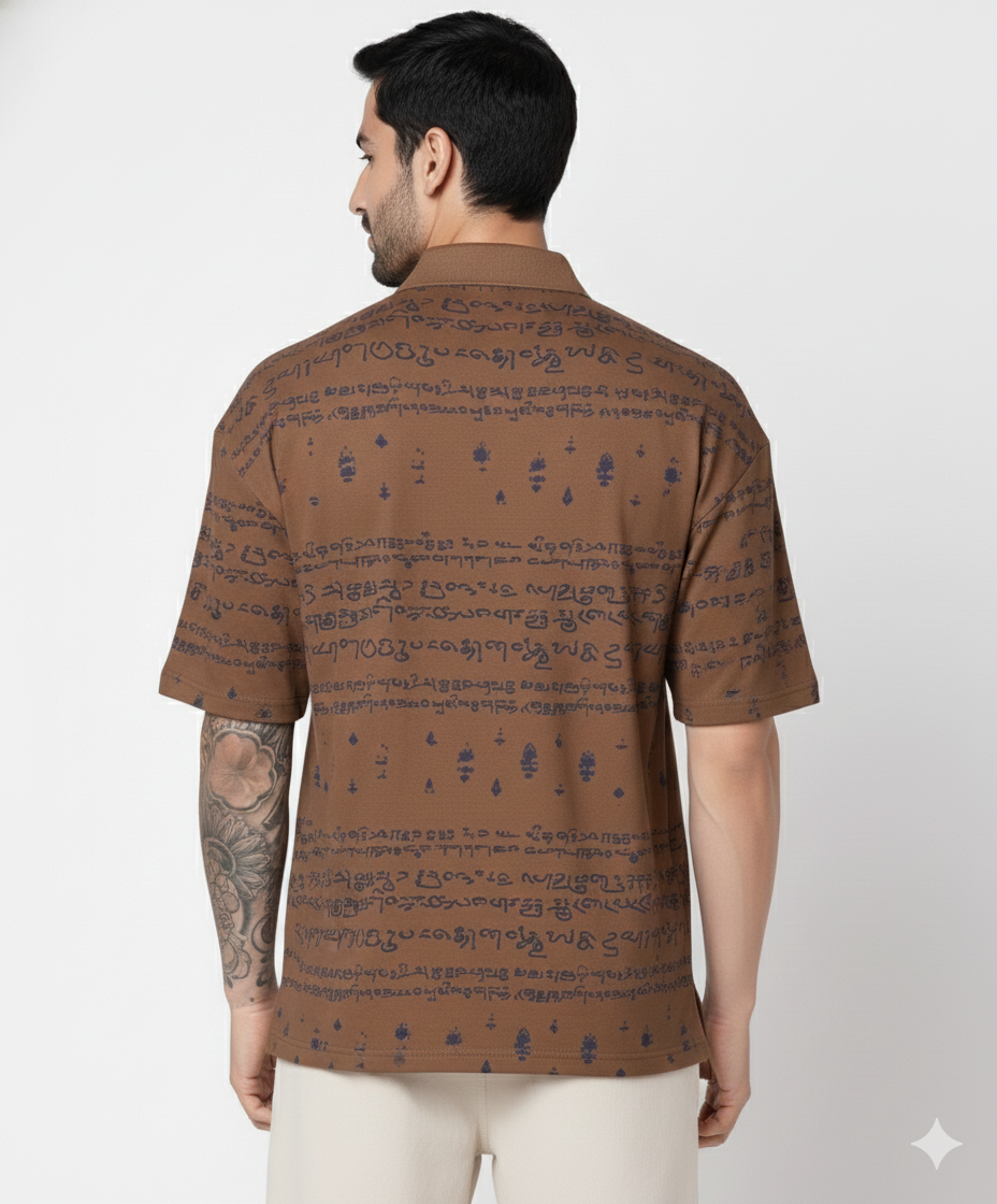 Kalvettu Themed Tamil Polo T-Shirt – Brown with Blue Print