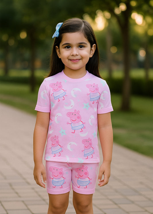 J&JP Kids Cartoon Printed T-Shirt & shorts Set- pink