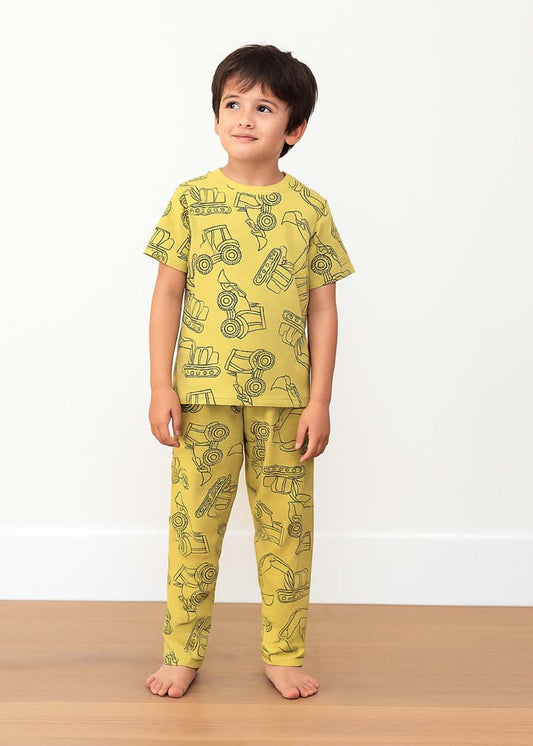 J&JP Kids Printed Half Sleeve T-shirt and Pant Set- Yellow