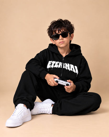 J&JP Boys Black Zipper Hoodie and Track Pant Set