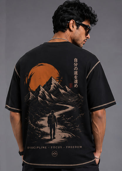 J&JP Find Your Path Black Oversized Mens Graphic T-Shirt
