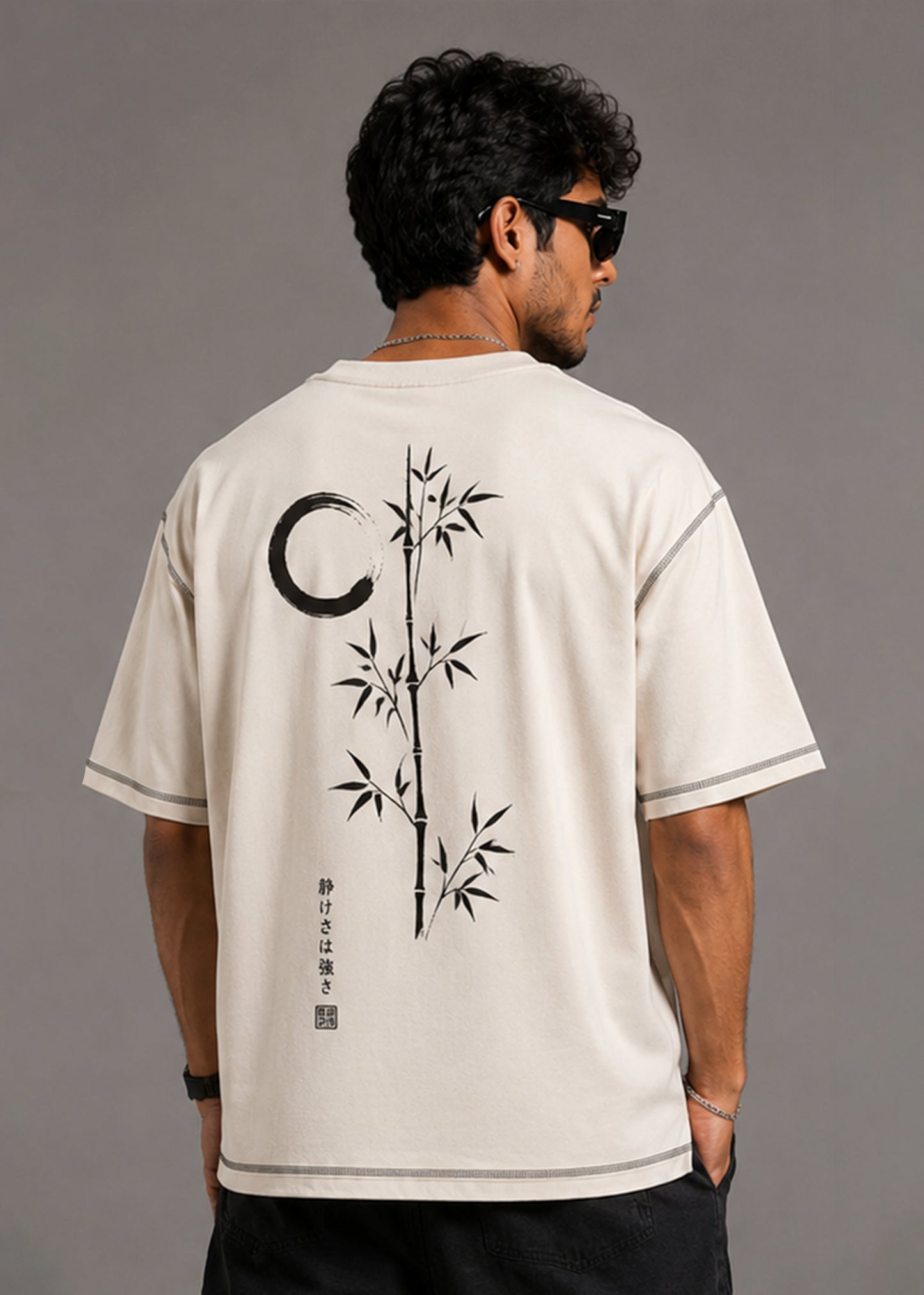J&JP Moon Bamboo Off White Oversized Causal T-Shirt