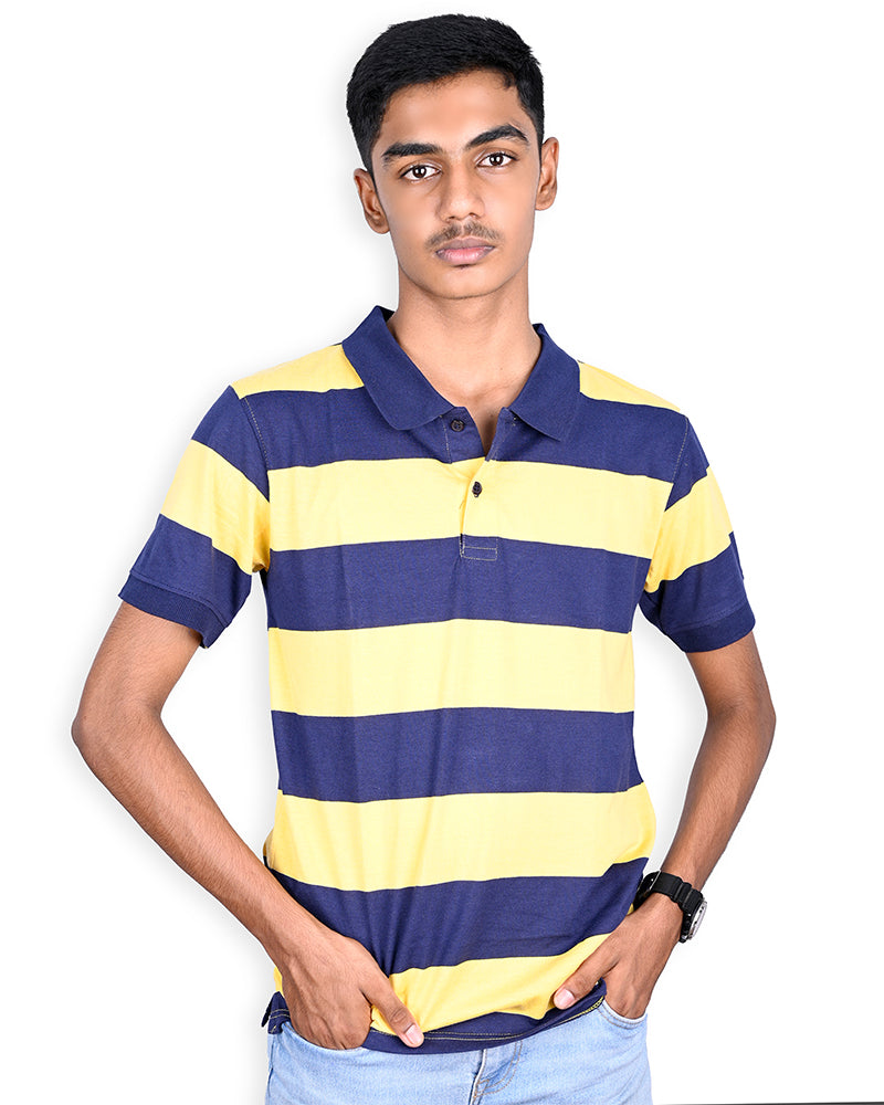 Men Blue Yarn Dyed Striped Pique Polo Tshirt