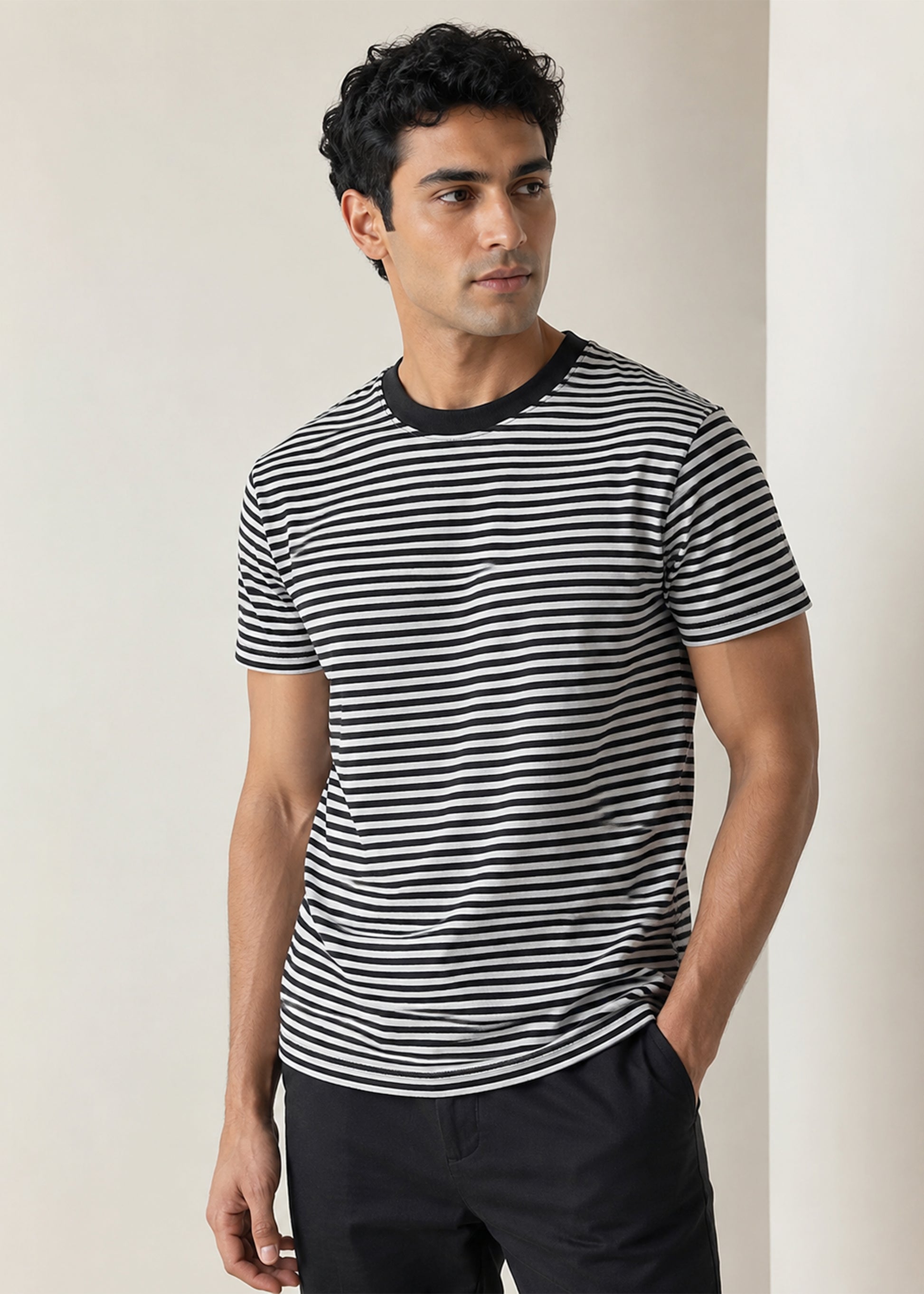 J&JP Premium Black Stripe Crew Neck Mens Tee